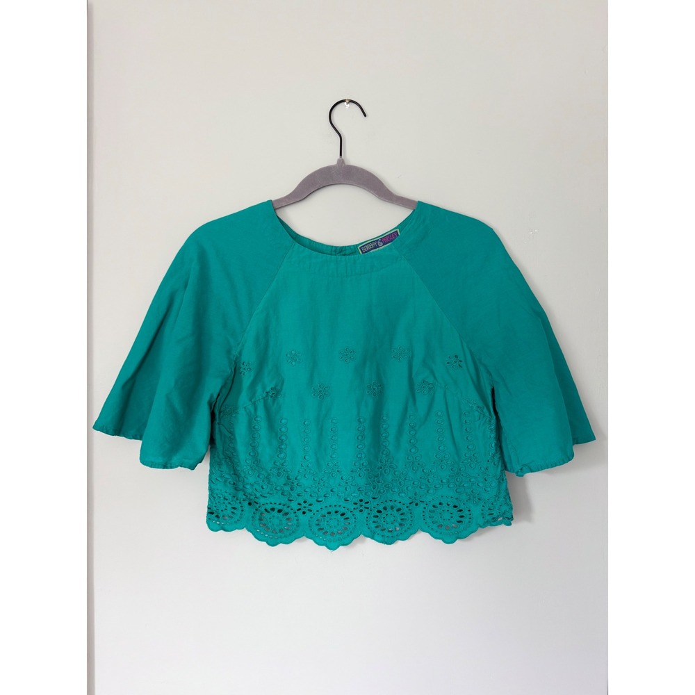 Cotton Eyelet Flutter Sleeve Boxy Crop Top Teal Blue‎ Green XS Bombay Paisley
